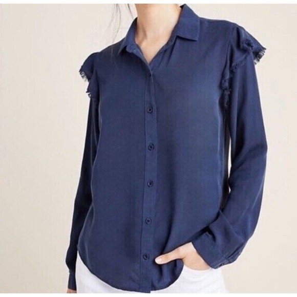 ANTHROPOLOGIE CLOTH & STONE L/S Frayed Ruffle Button Down Shirt in Navy - Picture 2 of 10